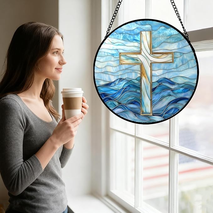 JOSUMALY Christian Gifts for Women - Blue Cross Stained Glass Window Hanging Jesus Easter Ocean Waves Sun Catcher Garden Religion Decor Mother's Day Catholic Gift for Men Grandma Mom Her Nana 11.8"