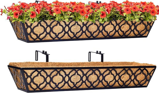 Y&M 2pcs 30" Window Boxes Horse Trough with Coconut Coir Liner,30 Inch Window Deck with Coco Liner, Black Metal Hanging Flower Planter Window Basket Deck Railing Planter Boxes for Outdoor Indoor