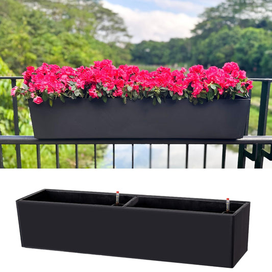 LaLaGreen Rail Planter for Balcony Outdoor (1 Pack, 40 Inch) Large Black Self Watering Railing Planters with Brackets, Rectangular Plastic Window Flower Box Simple Designer Choice with Rattan Pattern