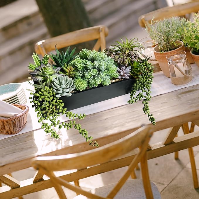 Winlyn 15" Artificial Succulent Arrangement Faux Succulents in Rustic Black Rectangular Wooden Planter Faux Potted Plants for Party Table Centerpiece Mantel Shelf Windowsill Tabletop Greenery Decor