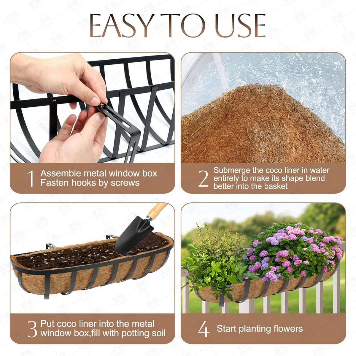 HUNIKC Window Boxes Planters Railing Planter Box with Adjustable Brackets for Porch Fence Patio Balcony Hanging Flower Baskets with Coco Liners for Outdoor Garden Décor (24 Inch / 2 Packs)