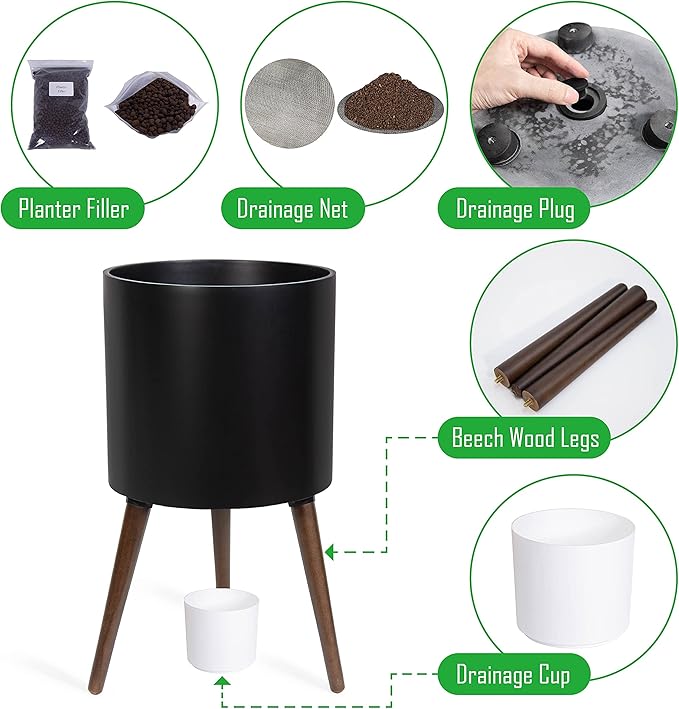 D'vine Dev 14 Inch Planter Pot with Stand, Mid-Century Tall Plant Pot with Legs for Indoor Plants, X-Large, Black, 88-O-D-2