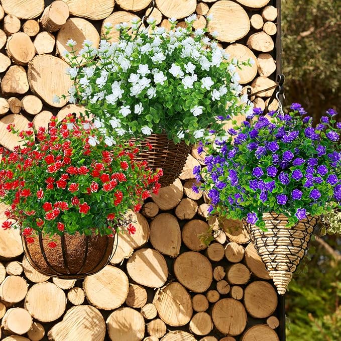 ArtBloom 24 Bundles Outdoor Artificial Flowers UV Resistant Fake Boxwood Plants, Faux Greenery for Indoor Outside Hanging Plants Garden Porch Window Box Home Wedding Farmhouse Décor (Red)