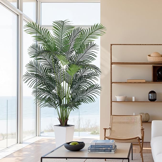 Artificial Palm Tree with White Tall Planter, 7ft Tall Potted Artificial Silk Palm Tree Plant, Fake Tropical Plant, Home Office Floor Room Decor Plants Indoor Outdoor, Housewarming Gift