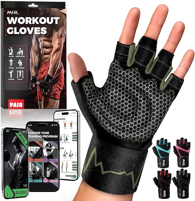 MhIL Workout Gloves for Men – Comfortable Gym Gloves for Men with Enhanced Grip for Safety and Hand Protection – Weight Lifting Protection with Wrist Wraps Support for Performance Boost and Style