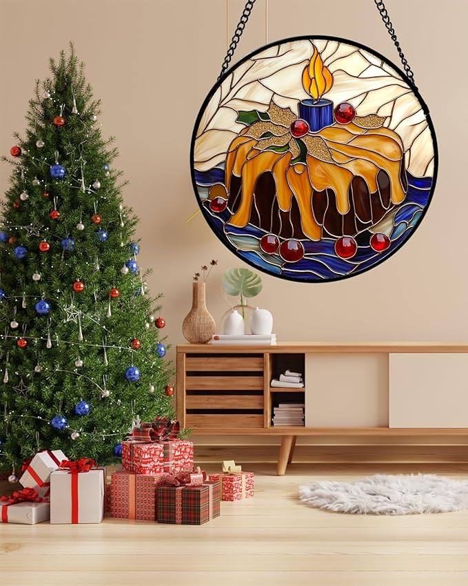 Stained Glass Window Hanging - Blue Candle Cake Suncatcher for Doors Home Christmas Decoration Winter Sun Catcher Thanksgiving New Year Birthday Gifts for Women Men Mom Nana Girl 9.8 in