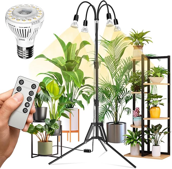 SANSI Grow Lights for Indoor Plants, 4 Head Dimmable Plant Lights for Indoor Growing, 35"-64" Adjustable Tripod Stand LED Grow Light Lamp with Remote Control 4 Pack of Par20 10W Bulbs