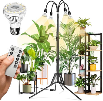 SANSI Grow Lights for Indoor Plants, 4 Head Dimmable Plant Lights for Indoor Growing, 35"-64" Adjustable Tripod Stand LED Grow Light Lamp with Remote Control 4 Pack of Par20 10W Bulbs