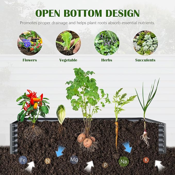 Domi 6x3x1.5ft Metal Raised Garden Beds Outdoor, Thickened Galvanized Steel Deep Root Planter Box with Stabilizing Bars & Rubber Edging for Vegetables, Flowers, Herbs - Dark Gray