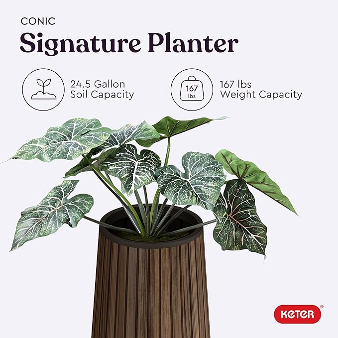 Keter Signature Conic 23.8 Inch Tall Round Large Wood Look Planter for Indoor or Outdoor Flower Pot Ideal for Patio Deck and Front Porch Decor, Rosewood