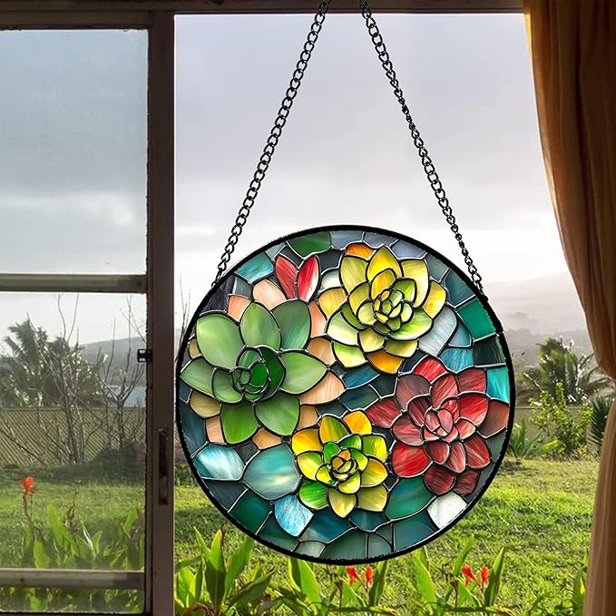 HWRHTR Stained Glass Window Hanging - Red Green Succulent Plants Suncatcher for Doors Window Home Sun Catchers Decor Christmas Mother's Day Birthday Gifts for Teacher Women Men Mom Nana 15 in