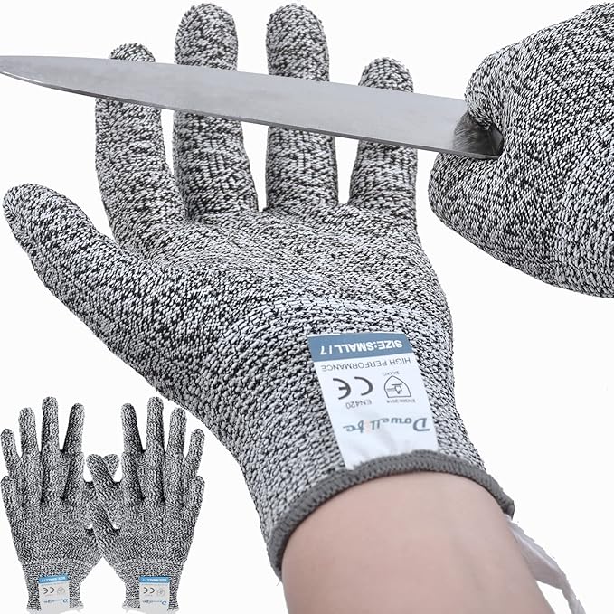 Dowellife 3 Pairs Cut Resistant Gloves Food Grade Level 5 Protection, Safety Kitchen Cuts Gloves for Mandolin Slicing, Fish Fillet, Oyster Shucking, Meat Cutting and Wood Carving (Black Gray, Medium)