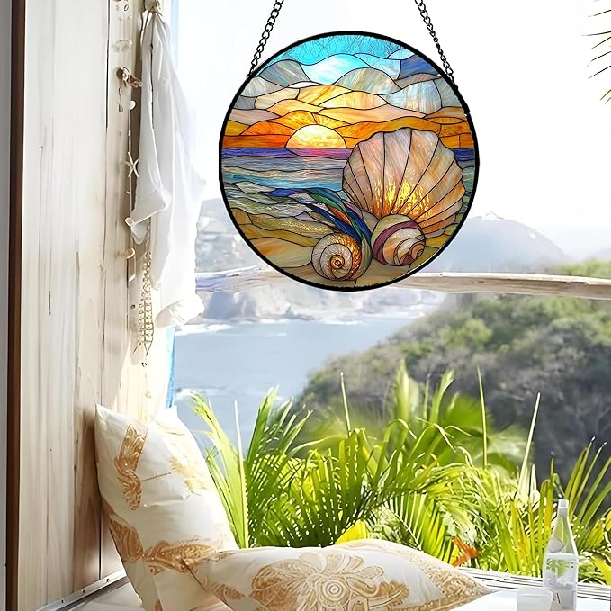 Stained Glass Window Hanging - Colorful Beach Shells Conch Sun Catcher for Door Home Decor Ocean Suncatcher Christmas Mother's Day Birthday Sea Lover Gifts for Women Men Mom Nana 11.8 in
