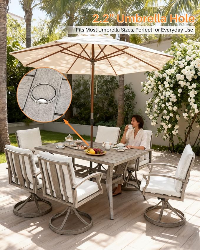Patio Dining Table for 6, All Weather Outdoor Dining Table with Umbrella Hole, 59.8" x 35.8" Rectangle Patio Table, 6 Person Aluminum Outdoor Patio Table for Deck, Garden Poolside, Limed Oak