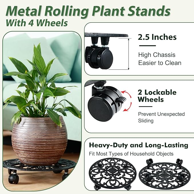 3 Packs 14 Inch Rolling Plant Stand with Wheels Metal Plant Caddy with Wheels Heavy Duty Round Plant Stand Indoor Iron Plants Rollers for Plants, Plant Dolly