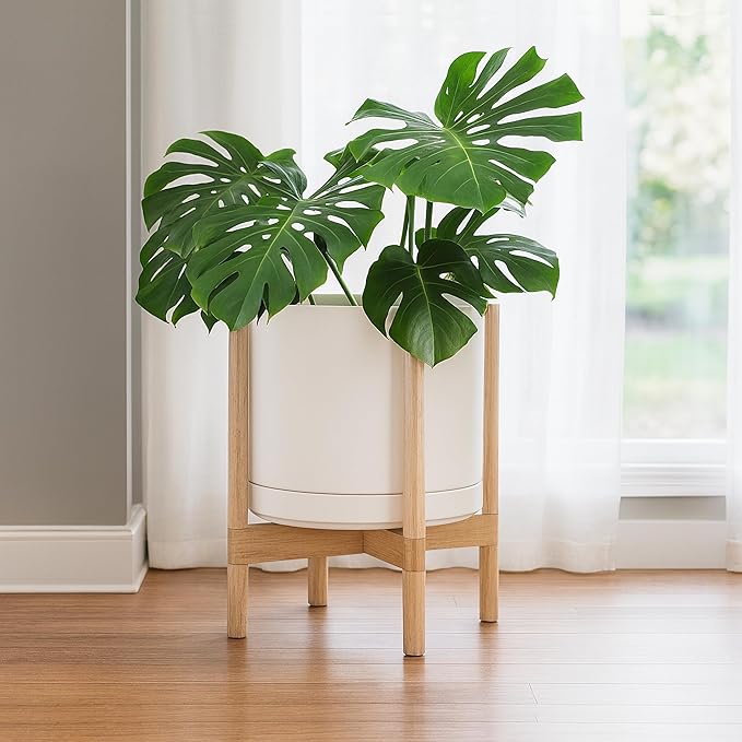 D'vine Dev Ceramic Planter with Natural Stand - 14 Inch Modern Round Flower Pot with Wood Planter Holder, Oatmeal, 55-B-R-8