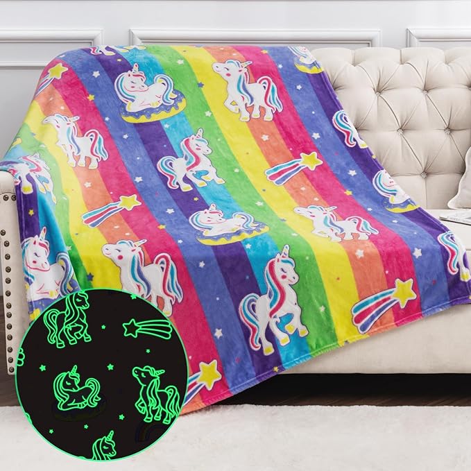 Unicorn Gifts Toys for Girls Kids - Glow in The Dark Rainbow Blanket Best Christmas Birthday Valentines Easter Decor Present for Age 1-14 Years Old Teens Child Toddler Daughter Soft Cozy Throw 50"x60"