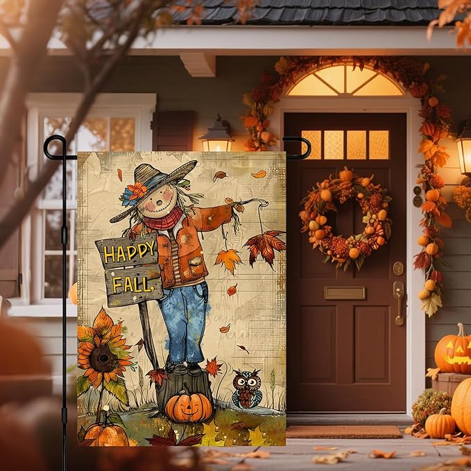 Happy Fall Garden Flag Scarecrow Owl Flag Sunflowers Autumn Leaves Rustic Harvest Season Decor Farmhouse Style 12x18 Inch Double Sided For Front Porch Lawn Patio Seasonal Home Decoration