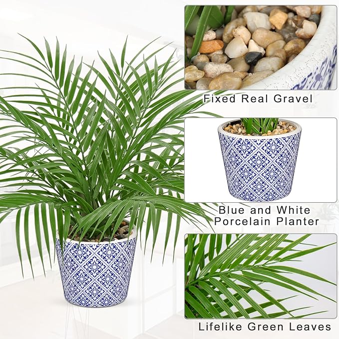 Hollyone Large Artificial Potted Plants Fake Palm Plants 16" Faux Green Plant Plastic Tropical Palm Tree in Blue and White Ceramic Pots Bohemian for Home Room Office House Indoor Decoration