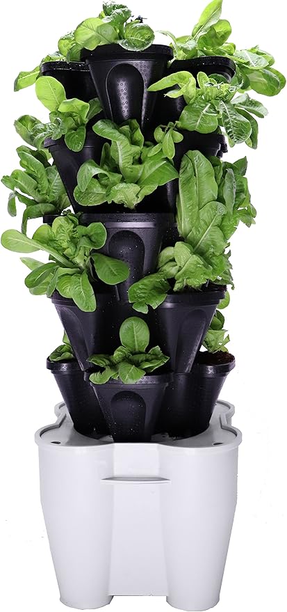 Mr. Stacky Smart Farm - Automatic Self Watering Garden - Grow Fresh Healthy Food Virtually Anywhere Year Round - Soil or Hydroponic Vertical Tower Gardening System (Standard Kit, Black)