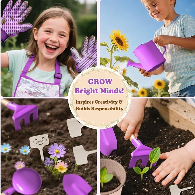 Kids Gardening Tool Set 18PCS Kids Toddler Gardening Set Includes Tote Bag Watering Can Apron Hat Rake Shovel Spoon Gloves Plant Pots and Labels, Outdoor Toys Gift for Boys Girls (Purple)
