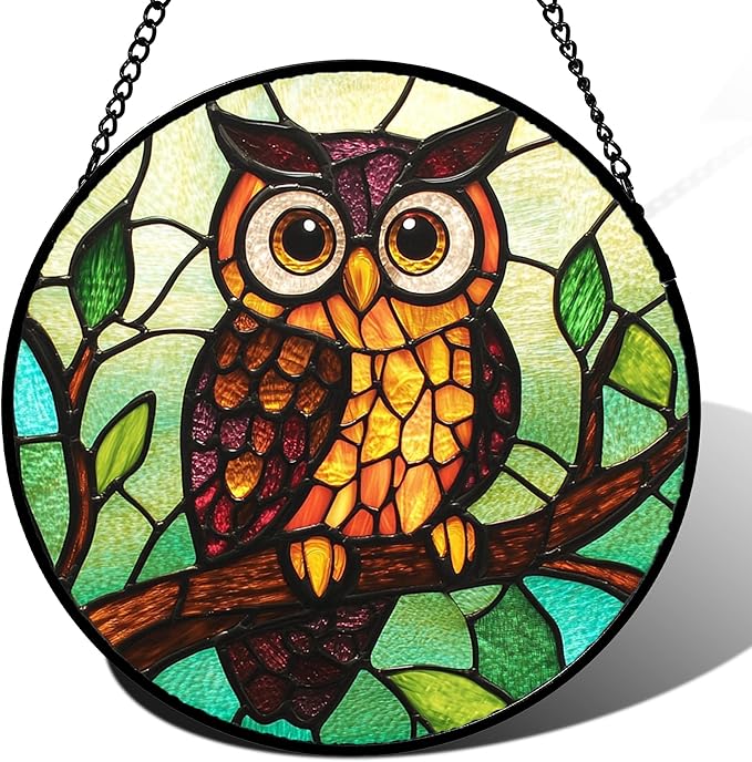 HWRHTR Stained Glass Window Hanging - Owl on a Branch Suncatcher for Doors Window Home Orange Brown Sun Catchers Decor Christmas Mother's Day Birthday Gifts for Teacher Women Men Mom Nana 7.8 in
