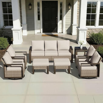Outdoor Patio Swivel Rocker Chairs, 8 Pieces Wicker Furniture Set, 4 Swivel Rocking Chairs, 1 Sofa, 2 Ottoman and 1 Table, Wide Armrest, Thick Cushions and Deep Seating for Garden, Backyard, Porch