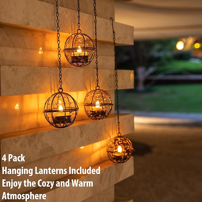 Outdoor Solar Hanging Lanterns Waterproof, Globe Hanging Candle Holder with Flickering Solar Powered Tea Lights, Chargeable Chandelier Light for Backyard Patio Garden Fence Tree Decoration-4Pack