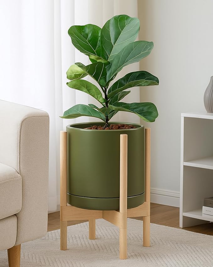 D'vine Dev Ceramic Planter with Natural Stand - 10 Inch Modern Round Flower Pot with Wood Planter Holder, Olive, 55-B-K-J