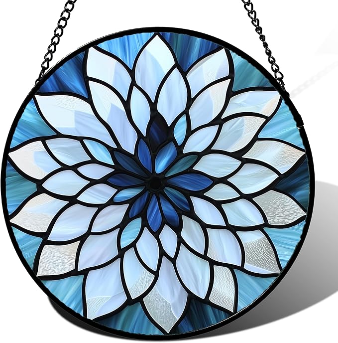 AMDERVEN Stained Glass Suncatcher, Blue White Multi-Petal Flowers Sun Catcher Landscape Stain Glass Window Hanging Decoration Mother's Day Birthday Gifts for Women Men Mom Nana 11.8 in