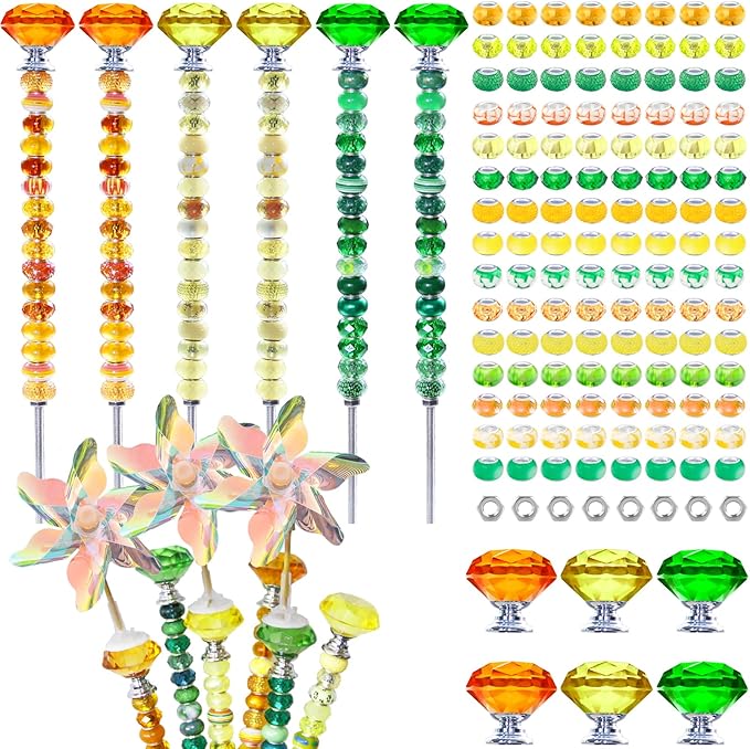 148 PCS Beaded Garden Stakes Kit, DIY Fairy Wand Garden Stake Beads Kits with Assortment Large Hole Beads 6 Crystal Stopper Top Threaded Rods and 3 Colored Small Windmills for Outdoor Indoor Decor