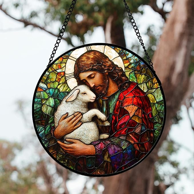 Stained Glass Window Hanging, Jesus Little Lamb Sun Catchers Colorful Glass Panel Christianity Suncatcher Decor for Birthday for Women, Men, Wife, Aunt, and Mom 14.9x14.9 in