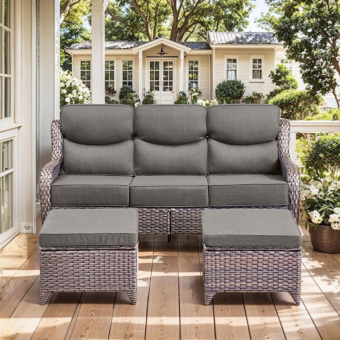 HUMMUH Luxury Patio Furniture Set 6-inch Thick Cushions High Back Swivel Rocker Chairs & 3 Seater-Couch & Steel Fire Pit Table 7 Pieces Outdoor Conversation Set for Porch,Deck,Backyard