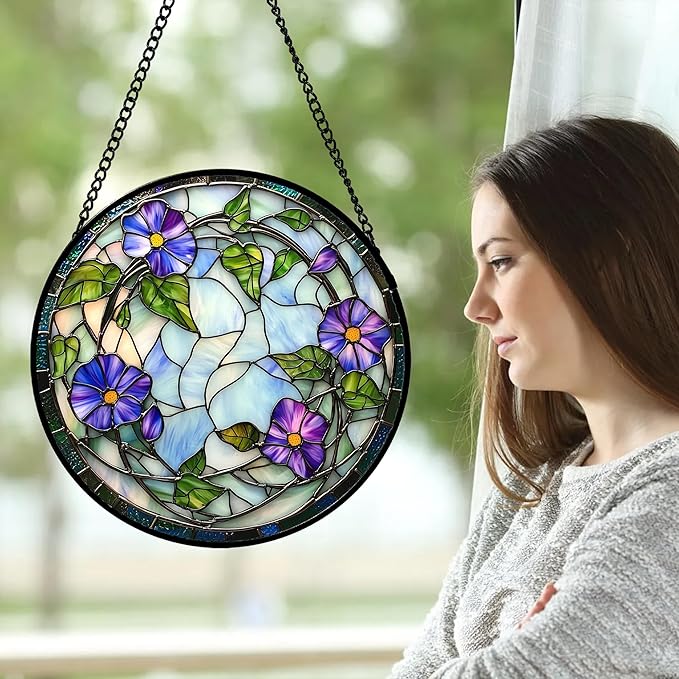 DASTOLL Stained Glass Window Hanging, Purple Morning Glory Flowers Suncatcher for Doors Window Home Plant Sun Catchers Decoration Mother's Day Birthday Gifts for Women, Men, and Mom 11.8x11.8 in