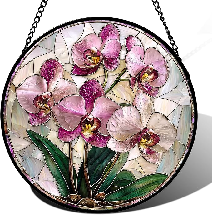 AMDERVEN Stained Glass Window Hanging - Pink Purple Phalaenopsis Flowers Sun Catcher for Door Home Decor Plant Suncatcher Christmas Mother's Day Birthday Gifts for Women Men Mom Nana 9.8 in