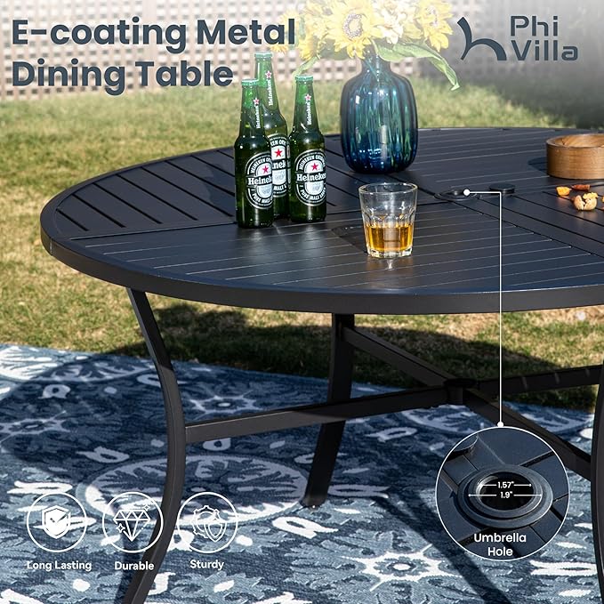 PHI VILLA 7 Piece Outdoor Patio Dining Set with 6 Swivel Dining Chairs & 1 Large Round Dining Table, Blue Textilene Mesh Fabric Chair and 54" Metal Table for All Weather