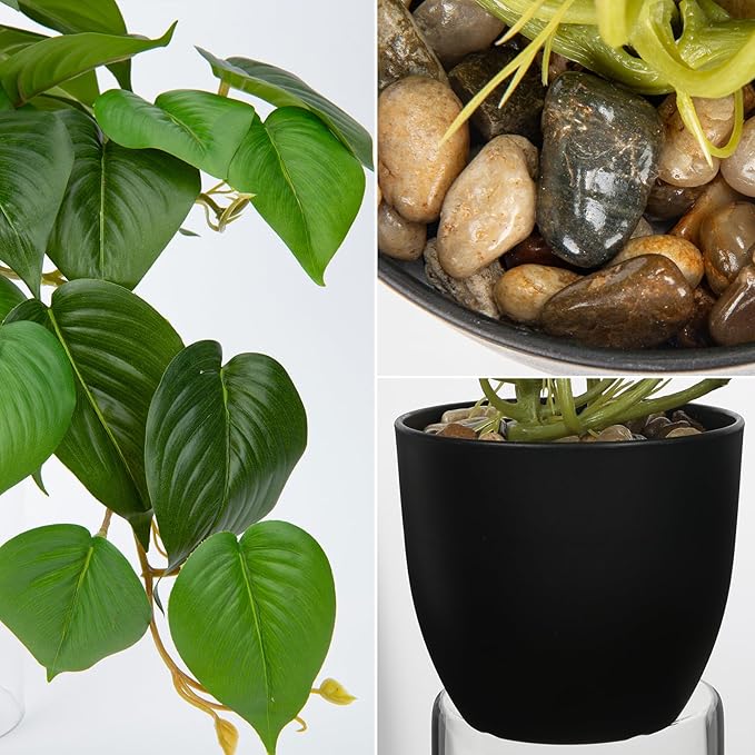 DILATATA Fake Plants Indoor 8 Inch Artificial Pothos Plant in Black Plastic Pot - Faux Potted Pothos Plant for Home Aesthetic Decor Living Room Shelf Office