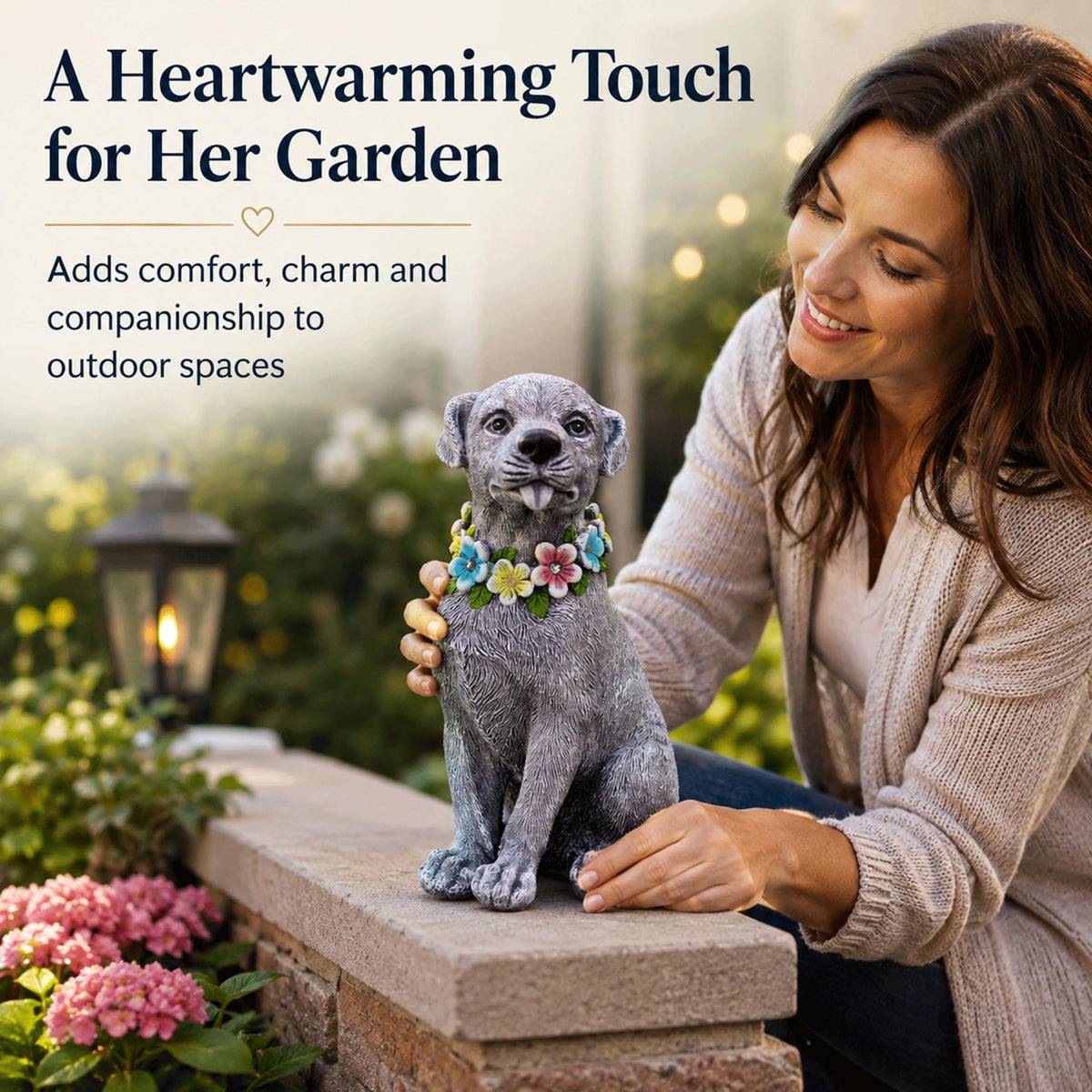 Nacome Dog Statue with Solar Flower Warm Lights Garden Decor