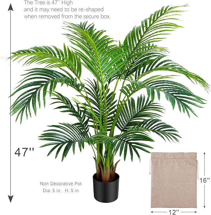 Worth Garden 4ft Artificial Areca Palm Plant 2 Packs in Pot, Fake Cane Palm Silk Tree Indoor Outdoor, Dypsis Lutescens, 47in Lifelike Faux Silk Plant Home Decor, Two Linen Bags Included
