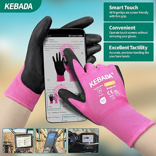 Kebada W1 Work Gloves Women, PU Coated Safety Gloves with Grip, Touchscreen, Ideal for Warehouse Package Handling, Construction, Gardening, Pink X-Small