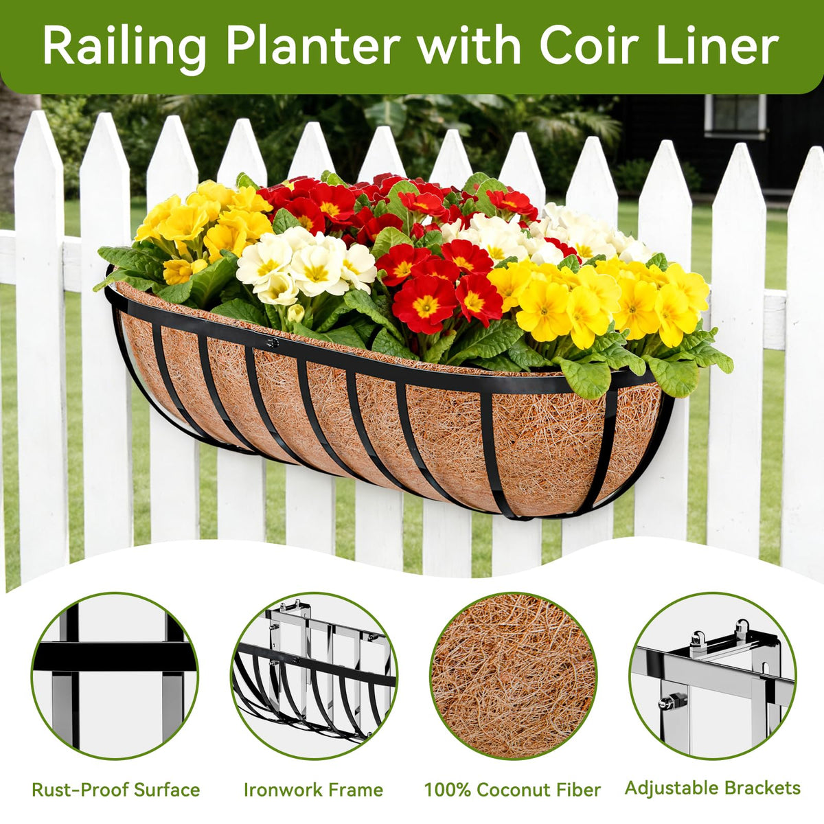 Halatool 24 Inch Railing Planter Box, 2 Pack Trough Planter Box for Outdoor