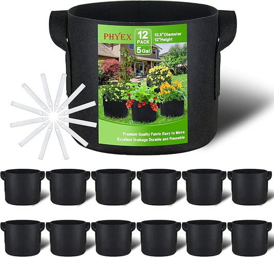 PHYEX 12-Pack 5 Gallon Grow Bags, Heavy Duty Fabric Pots with Handles, Reusable Plant Bags for Vegetable, Herbs & Flowers, BPA-Free, Breathable, Durable