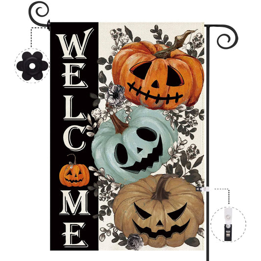 Baccessor Halloween Garden Flag 12.5 x 18 Inch Double Sided,Spooky Ghost Pumpkin Welcome Burlap Small Flag Halloween Farmhouse Holiday Yard Outdoor Outside Decoration