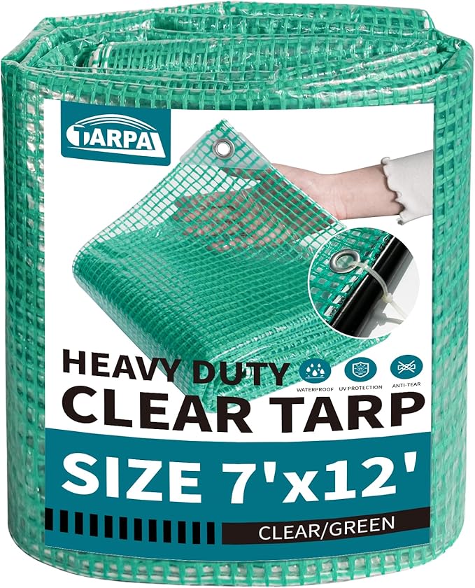 TARPAL 7'x12' Clear Green Tarp Heavy Duty Waterproof 12mil with Grommets or Zip Ties for Small Greenhouse for Outdoors Garden,Farm,Chicken Coops