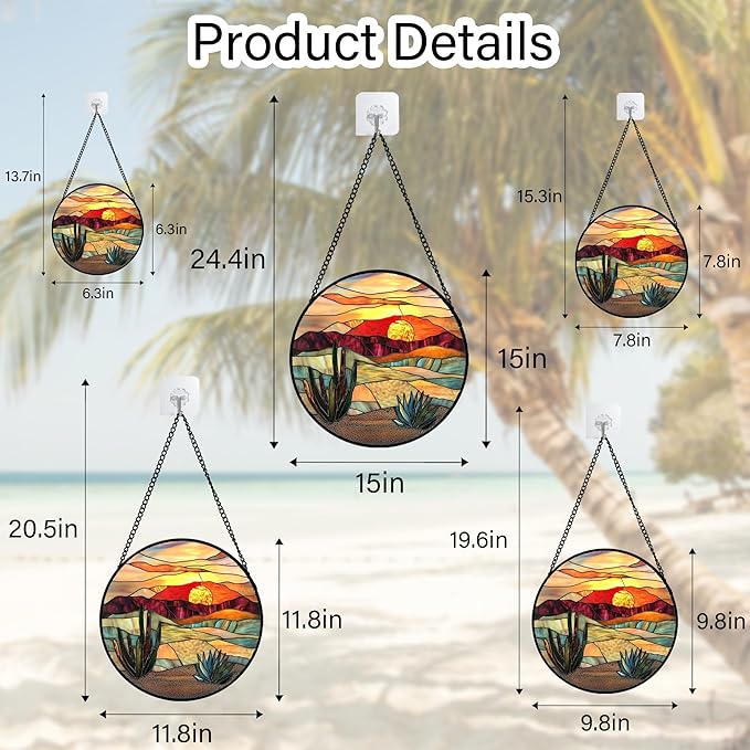 Stained Glass Window Hanging, Golden Landscape Dusk Sunset Suncatcher for Doors Window Home Cactus Sun Catchers Decoration Mother's Day Birthday Gifts for Women, Men, and Mom 6.3 in