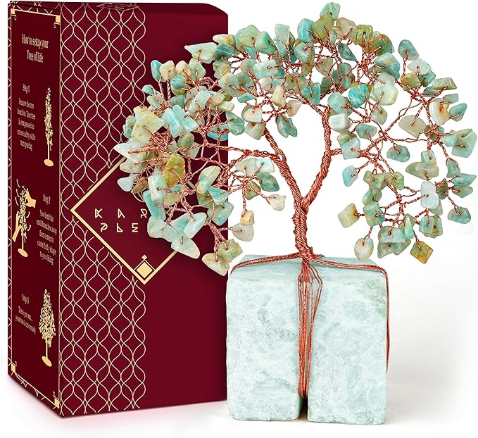 Crystal Tree for Birthday Gifts for Women, Handmade Raw Crystal Base Amazonite Chakra Healing Crystal Tree of Life for Positive Energy, Money, Good Luck, Christmas Décor, Home and Office Decor