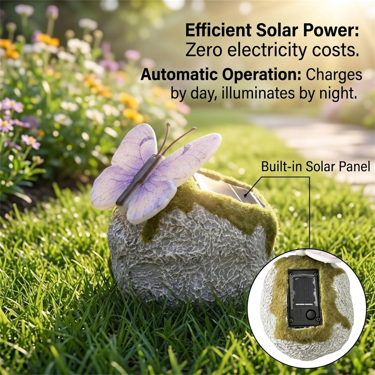 Solar Illuminated Butterfly Stone Garden Light, LED Butterfly Garden Statue with Sparkling Light-Up Wings, Glowing Landscape Rock Figurine Lamp for Flower Bed,Patio,Yard Decor Gift (Green+Purple)