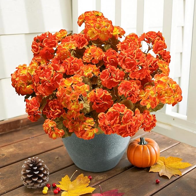 Fake Geraniums Artificial Flowers for Outdoors Fall Autumn Decoration, 6 Bundles Silk Geraniums Look Real Faux Fall Flowers Plants for Front Door Garden Planter Patio Balcony Yard Home Indoor, Mix
