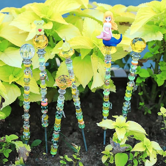 158 Pcs DIY Fairy Wand Garden Stakes Kit,Multiple Color Scheme European Beads Crystal Diamond Tops and 12 or 10 Inch Threaded Rods,Stainless Steel Stakes with Diamond Toppe (Lenmon)