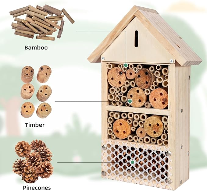 antiai DIY Wooden Insect Hotel Mason Bee Butterfly House,Insect Hotel, Outdoor Garden Decor Bamboo Habitat for Bee Butterfly Ladybugs Live,Educational Bee Hotel Kit for Parents & Teachers